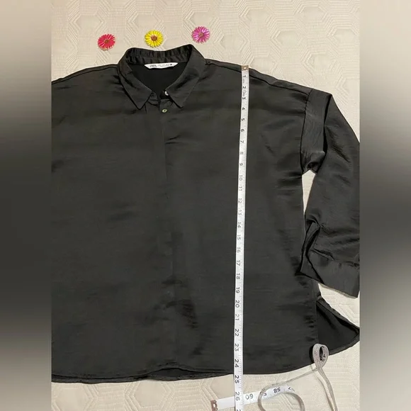 Zara Satin Black Button Down Shirt Womens Size L - Picture 8 of 10